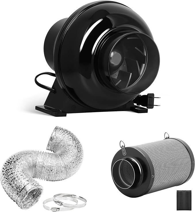 iPower 4 Inch 195 CFM Inline Fan, Air Carbon Filter and 8 Feet Ducting, Circulation Vent Blower Kits for Grow Tent Ventilation, Low Noise by iPower