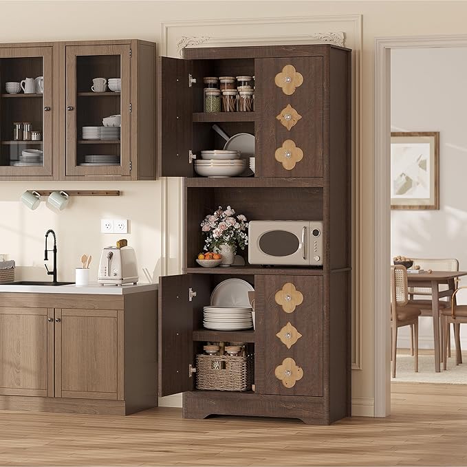 Garvee 72" Tall Pantry Cabinet, Kitchen Hutch Storage Cabinet with Countertop for Microwave, Freestanding Wooden Cupboard with Carved Door & Crystal Handle, for Dining Room, Living Room, Reddish Brown - Image 7