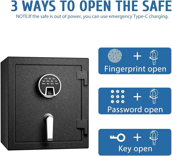 WASJOYE Biometric Fireproof Safe Box - 1.8 Cubic Feet Fingerprint Safe with Digital Keypad Lock and Type-C Port Alarm System, Fireproof Waterproof for Home Office Hotel Jewelry Documents Cash Storage - Image 8