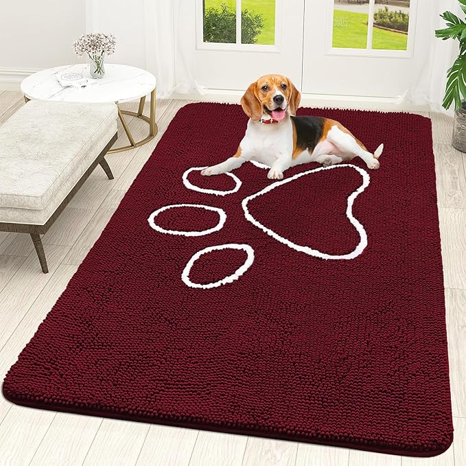 OLANLY Dog Door Mat for Muddy Paws 70x46, Paw Print Design, Absorbs Moisture and Dirt, Absorbent Non-Slip Washable Doormat, Quick Dry Chenille Mud Mat for Dogs, Entry Indoor Entryway Carpet, Burgundy by OLANLY
