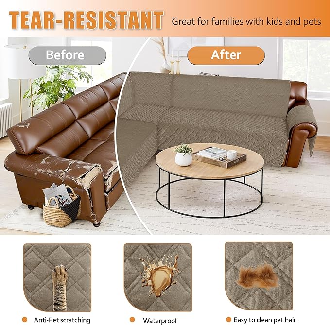 Arfntevss Waterproof Sectional Couch Covers L Shape Washable Velvet Sofa Cover for Sectional Non Slip Large Corner Slipcovers Dog 6 Pcs Universal U Shaped Furniture Protector (Camel, Large) - Image 7