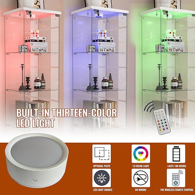 Yoluckea 4 Tiers Glass Display Cabinet with LED Lighting and Drawer, 1 Door Floor Standing Curio Cabinet with Wheel for Home, Office, Corner Display, White Glass Bookshelf for Collections and Decor - Image 3