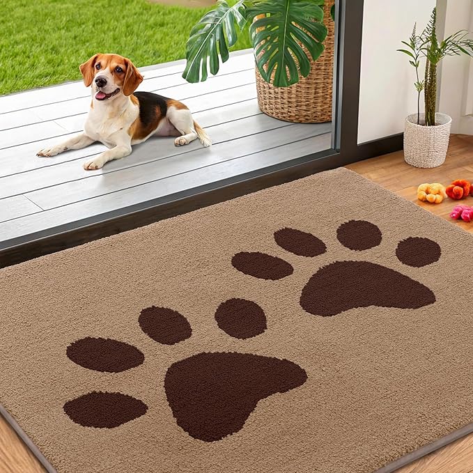 Smiry Dog Door Mat for Muddy Paws, Absorbs Moisture and Dirt, Low-Profile Entryway Mat with Non-Slip Backing, Entry Indoor Outdoor Doormat for Inside Floor (40x32 Inches, Beige, Paw) by Smiry