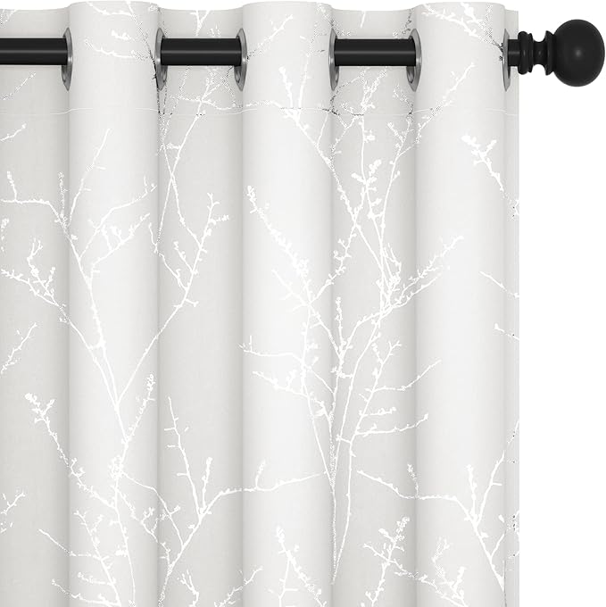 Deconovo White Curtains, Room Darkening Curtain, Thermal Insulated Noise Reducing Drapes, Silver Print, 52 x 72 Inch Long, Grommet Top, Window Panels for Living Room Bedroom Nursery Office, Set of 2 by Deconovo
