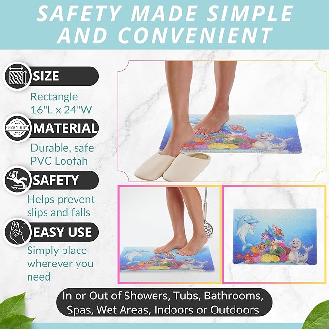 ENKOSI Loofah Non-Slip Shower and Bath Mat - Soft Cushioned Comfort - No Suction Cups for Smooth or Textured Tubs - Fast Draining - Safety for Bathroom, Family, Kids, and Elderly (24x16 Dolphin) - Image 3
