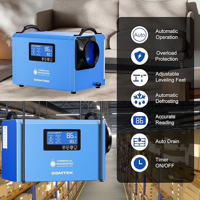 145 Pints Commercial Dehumidifier for Large Basements & Crawl Spaces up to 6500 Sq.Ft, Industrial Dehumidifiers for Water Damage Restoration, Auto Defrost, Continuous Drain Hose, Memory Function, Blue - Image 3