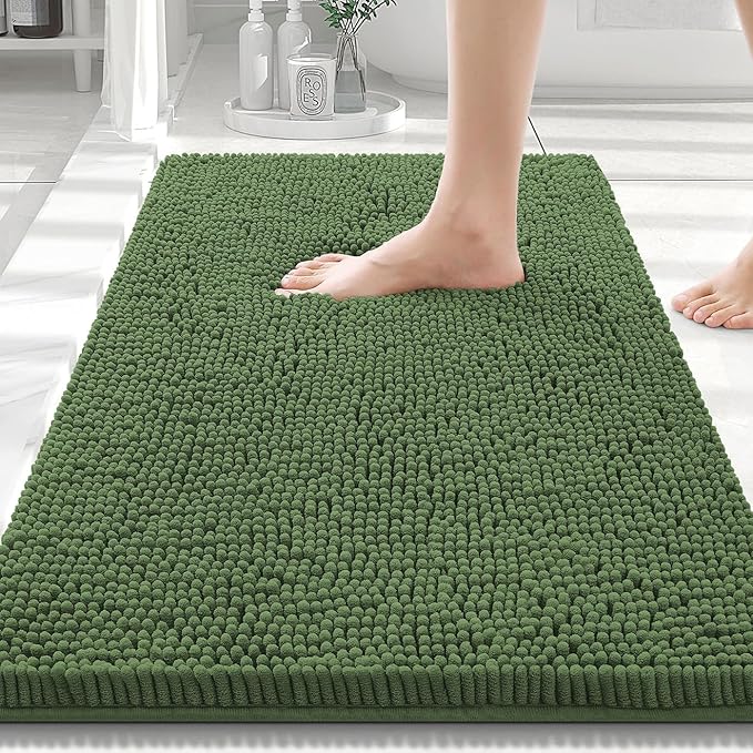 Smiry Luxury Chenille Bathroom Rugs 30x20, Extra Soft and Absorbent Shaggy Bath Mat, Machine Washable, Non-Slip Plush Carpet Runner for Tub, Shower, and Floor, Home Decor Accessories, Olive Green by Smiry
