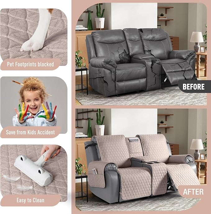 TAOCOCO 100% Waterproof Loveseat Recliner Couch Sofa Covers with Console,Double Reclining Couch Cover Non-Slip Sofa Slipcovers Washable,Furniture Protector Covers for Kids,Pets(2 Seater,Pink) - Image 2