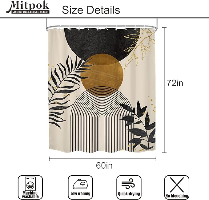Black Boho Shower Curtain 60Wx72H Modern Bohemian Abstract Brown Tan Mid Century Gold Leaves Plant Botanical Arch Bathroom Decor Minimalist Geometric Bath Curtain Fabric Polyester 12 Pack Hooks - Image 5
