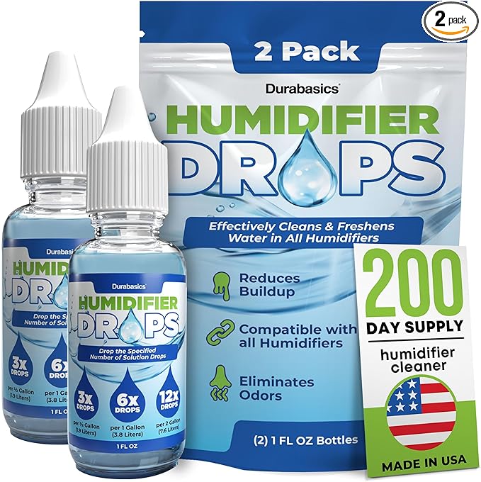 Durabasics [2 Pack] Humidifier Drops for Cleaning - Food Grade Humidifier Cleaner Slows Buildup & Scaling - Cleans & Deodorizes Water - Suitable for All Models - 200+ Day Supply - Made in USA by Durabasics