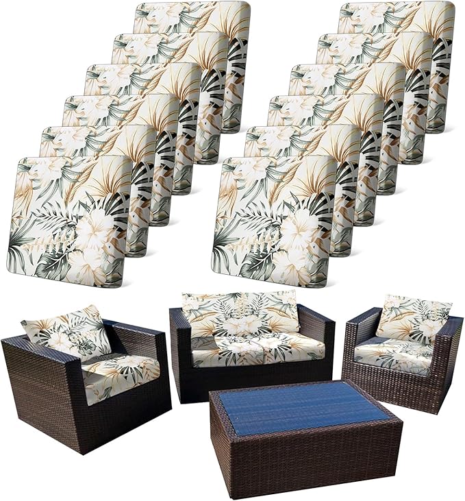 12Pcs Stretch Patio Cushion Cover, Tropical Floral and Leaf Pattern Sofa Covers for Patio Furniture Cushions Washable Reusable Couch Covers Replacement for All Season(Cover Only) by CALBODE