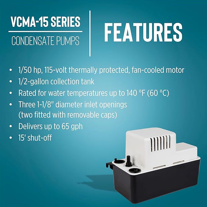 Little Giant VCMA-15ULT 115 Volt, 65 GPH, 1/50 HP Automatic Condensate Removal Pump with Tubing (no safety switch), Black/White, 554411 - Image 5