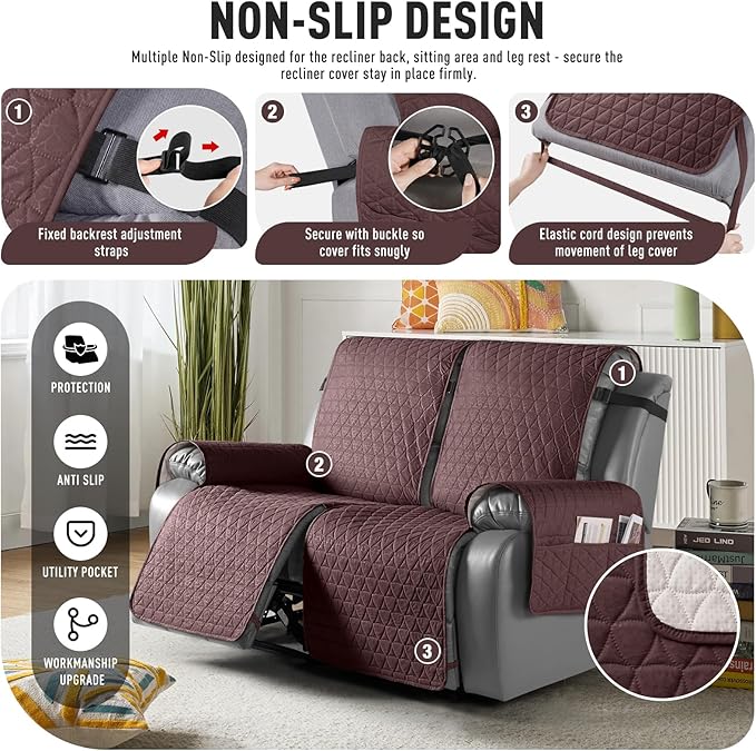 TAOCOCO 100% Waterproof Recliner Cover, Non-Slip Washable Reclining Couch Cover with Elastic Leg Straps, Furniture Protector for Dogs (Coffee, 2 Seater) - Image 5