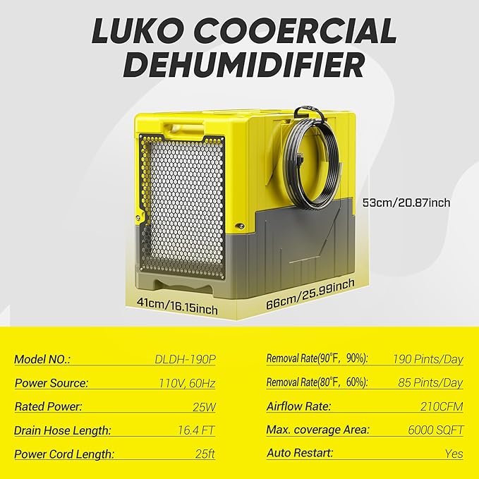 190Pints High Efficiency Commercial Dehumidifier for Basements-6000 Sq.Ft. Industrial Grade Dehumidifiers with Pump & Drain Hose for Crawl Spaces Water Damage Restoration-Light Yellow-1PC - Image 3