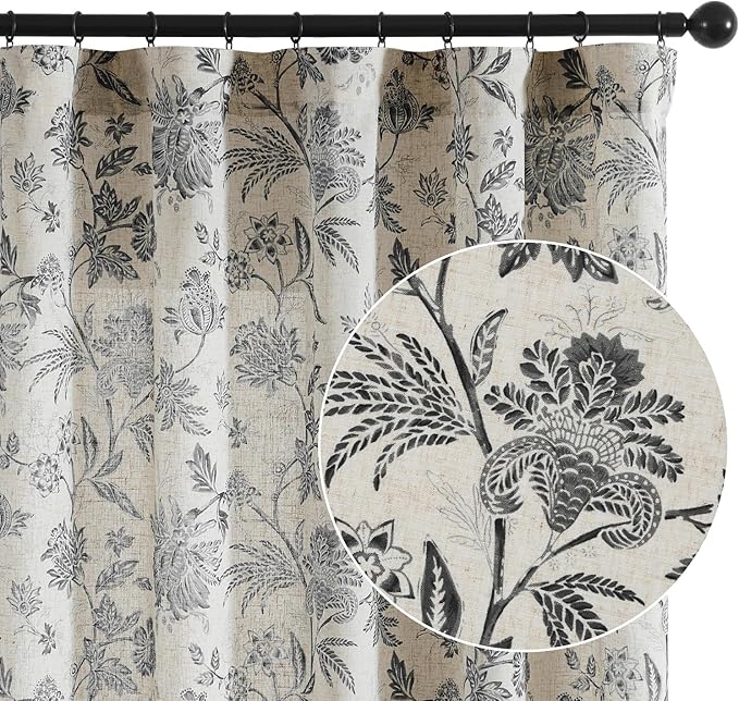 jinchan Linen Floral Curtains for Living Room with Printed Flower 84 Inches Long Light Filtering French Country Back Tab Rod Pocket Black Window Curtain Set Farmhouse Drapes 2 Panels Black by JINCHAN