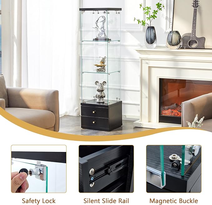 Yoluckea 3 Shelves Glass Display Cabinet with 2 Soft-Close Storage Drawers, Curio Collection Glass Display Case with Door & Lock, Floor Standing Bookshelf Corner Cabinet for Book Toys Glory (Black) - Image 3