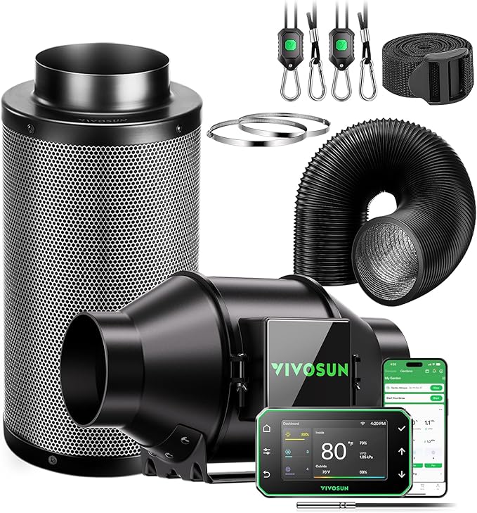 VIVOSUN Smart Air Filtration PRO G4 Kit 4", AeroZesh G4 Inline Duct Fan w/GrowHub E42A+ Temp. Humidity WiFi-Controller, Carbon Filter & Ducting, Cooling & Ventilation System for Grow Tent, Hydroponics by VIVOSUN
