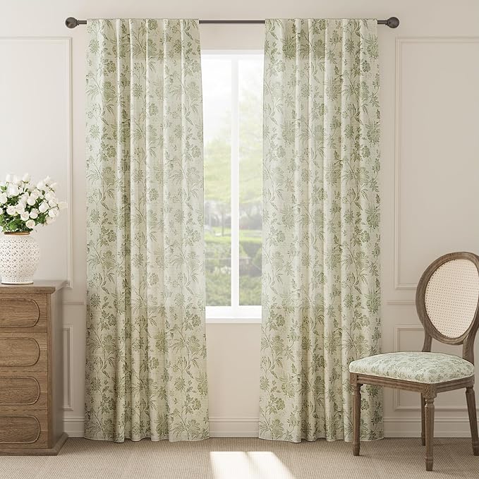 jinchan Linen Floral Curtains for Living Room with Printed Flower 84 Inches Long Light Filtering French Country Back Tab Rod Pocket Sage Green Window Curtain Set Farmhouse Drapes 2 Panels - Image 2