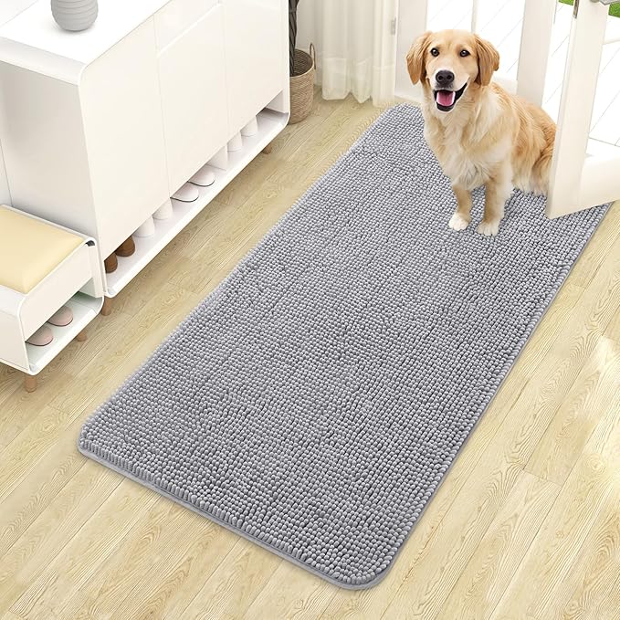 OLANLY Dog Door Mat for Muddy Paws 44x24, Absorbs Moisture and Dirt, Absorbent Non-Slip Washable Doormat, Quick Dry Chenille Mud Mat for Dogs, Entry Indoor Entryway Carpet for Inside Floor, Light Grey by OLANLY