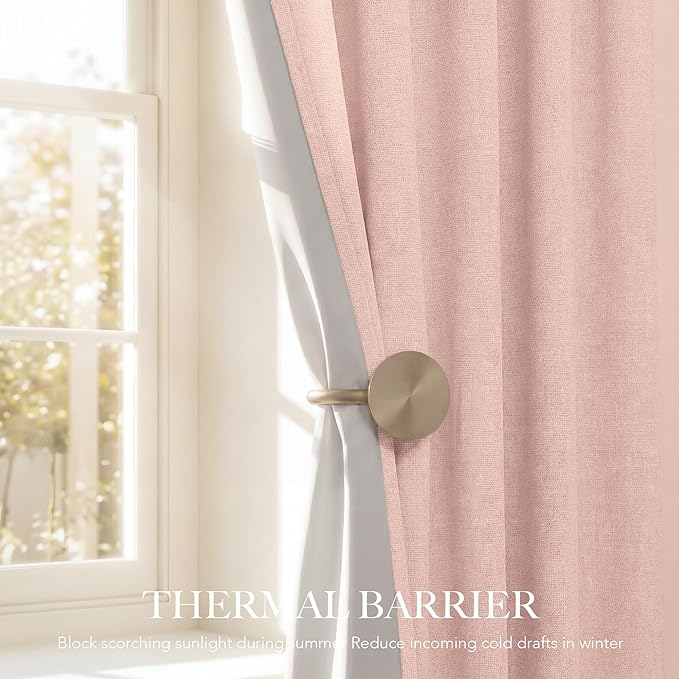 RYB HOME Pink 100%Blackout Linen Curtains for Girl's Room W52 x L84, Thermal Insulated &Privacy Assurd Curtains for Bedroom/Nursery/Living Room, Rod Pocket&Back Tab Drapes Boho Vintage Style, 2 Panels - Image 5