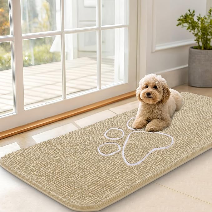 OLANLY Dog Door Mat for Muddy Paws 47x20, Paw Print Design, Absorbs Moisture and Dirt, Absorbent Non-Slip Washable Doormat, Quick Dry Chenille Mud Mat for Dogs, Entry Indoor Entryway Carpet, Beige by OLANLY