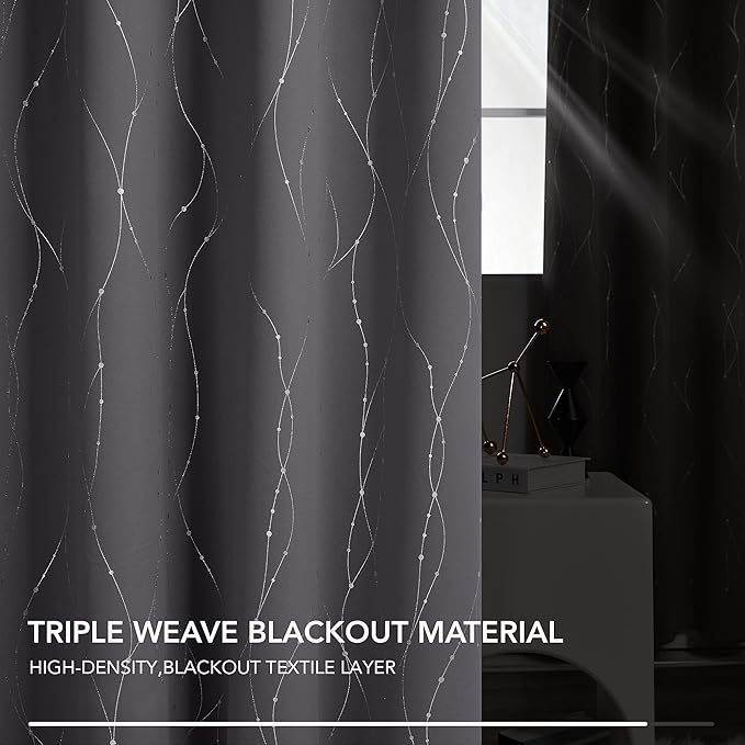 Deconovo Short Curtains Grey, Blackout Kitchen Curtain, Thermal Insulated Soundproof Drapes, Wave Dots Foil Print, 38 x 36 Inches, 2 Panels, Machine‑Washable Privacy Window Panel for Small Windows - Image 6