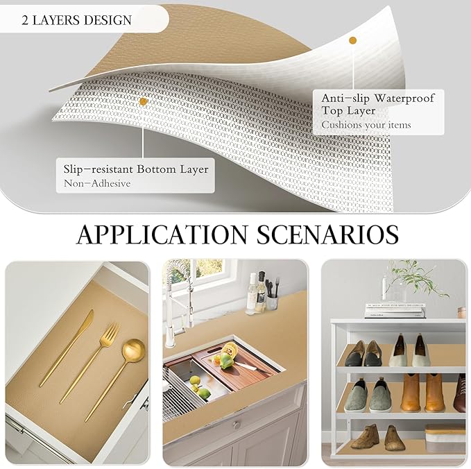 Beautysaid Shelf and Drawer Liner for Kitchen Cabinet, Non Adhesive Non Slip Shelf Paper Waterproof Washable Thickened for Dresser Pantry Shelve Bathroom Protector Liner(Beige,12 in x 10 FT) - Image 3