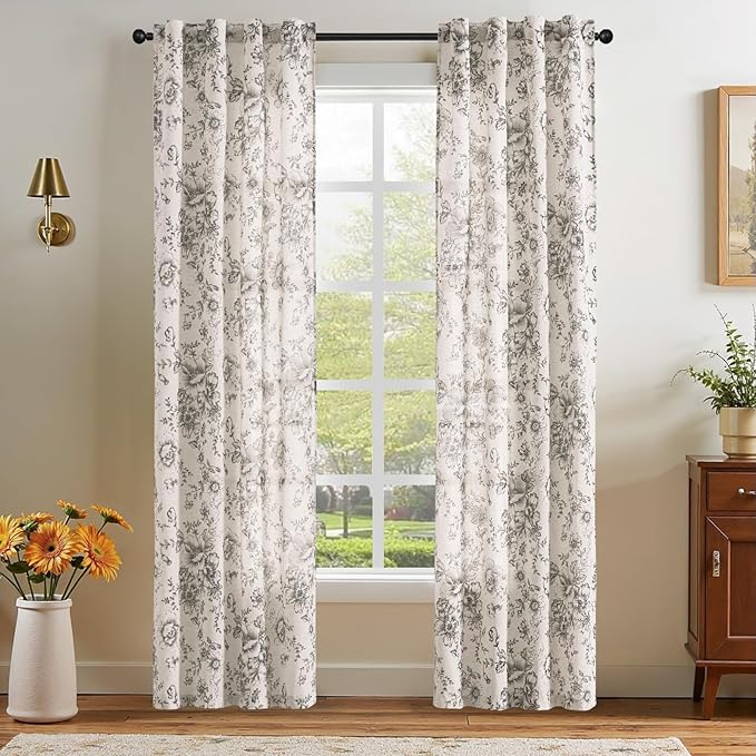 jinchan Linen Floral Curtains 84 Inch Length for Living Room Bedroom Light Filtering Farmhouse Peony Flower Drapes Rustic Window Curtain Set Rod Pocket Back Tab 2 Panels Black by JINCHAN