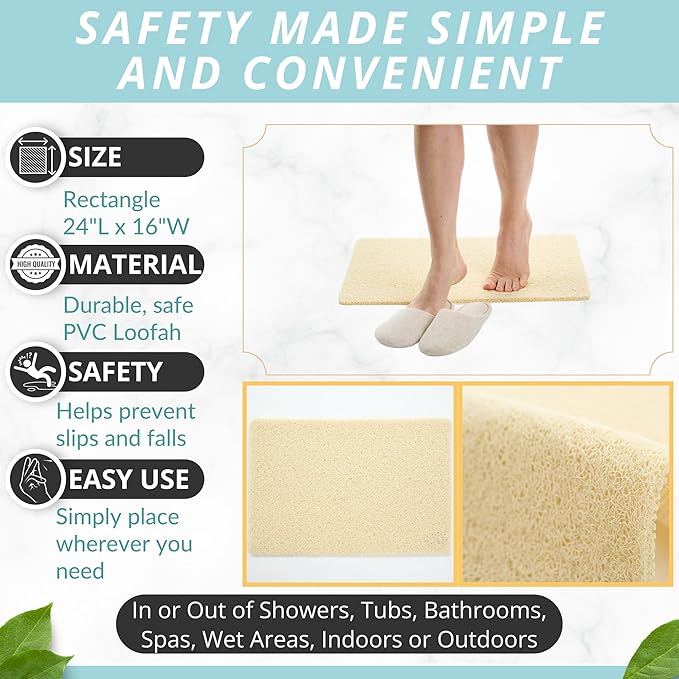 ENKOSI Loofah Non-Slip Shower and Bath Mat - Soft Cushioned Comfort - No Suction Cups for Smooth or Textured Tubs - Fast Draining - Safety for Bathroom, Family, and Elderly (24x16 Light Beige) - Image 3