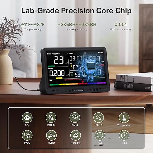 bonoch 16 in 1 Air Quality Monitor Indoor 7" Display 9 AQI+7 AQI Alerts, CO2 Monitor Air Quality Tester for CO2, TVOC, PM2.5 PM1.0 PM10, HCHO Temperature Humidity AQI & Time Air Quality Meter for Home - Image 2
