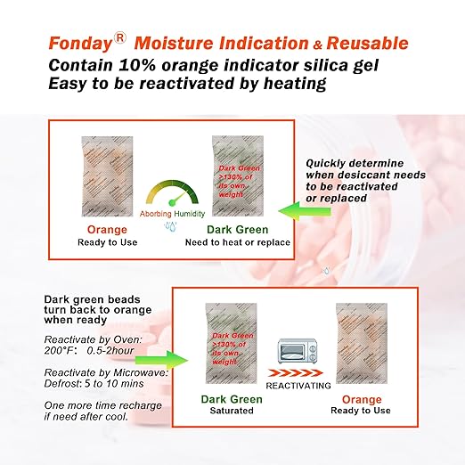 5g x 60 packs Fonday Rechargeable Silica Gel Desiccant Packets Food Grade Fast Reactivate Desiccant Bags Moisture Indicating Orange to Green - Image 5