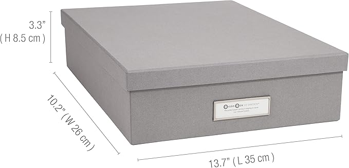 Bigso Oskar Fiberboard Label Frame Document Letter Box - File Organizer Box for Important Paperwork - Document Storage with a Lid & Metal Label Window - 3.3 in x 10.2 in x 13.8 in - Grey - Image 3