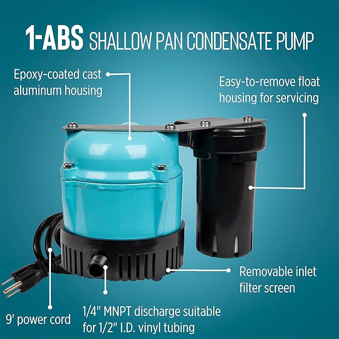 Little Giant 1-ABS 115-volt, 1/150 HP, 205 GPH Automatic Shallow Pan Condensate Removal Pump for Ceiling Mounted Air Conditioners or Dehumidifiers, Black/Blue, 550521 - Image 3