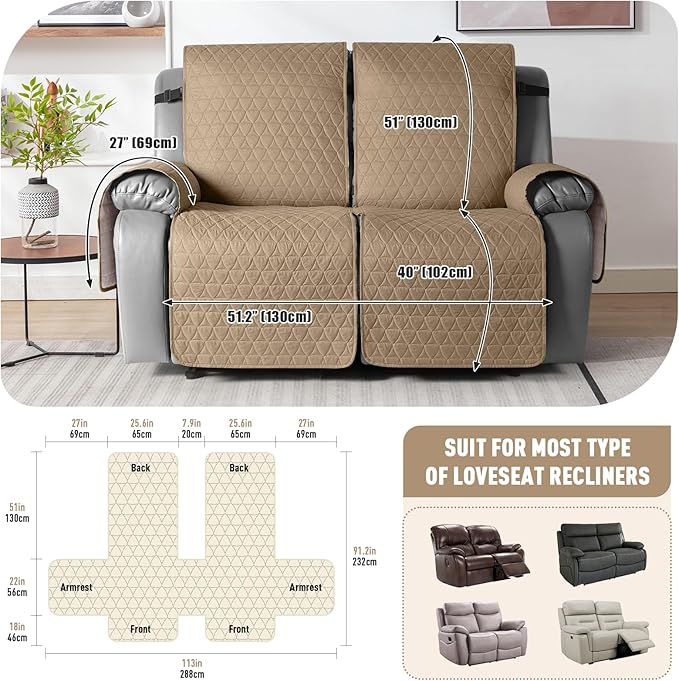 TAOCOCO 100% Waterproof Recliner Cover, Non-Slip Washable Reclining Couch Cover with Elastic Leg Straps, Furniture Protector for Dogs (Camel, 2 Seater) - Image 3