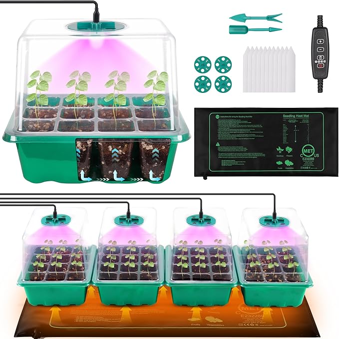4-Pack Seed Starter Tray with Grow Light and Heat Mat, 48 Cells Seed Starter Kit with Adjustable Humidity Dome and Base, Germination Kit for Seed Growing Plant Propagation by Homiton