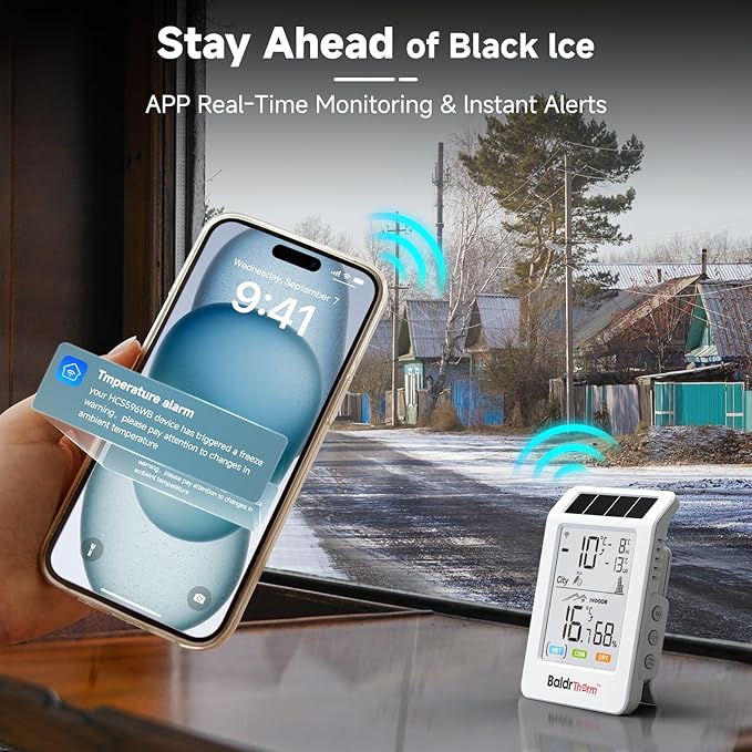WiFi Temperature Humidity Sensor with Freezing Alert - BaldrTherm Solar Powered Remote Monitor, 3.9" Big Screen, Smart App Alerts for Greenhouse, Pipe Protection, Cellar & Baby Room - Image 6