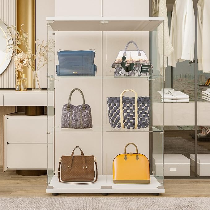 Yoluckea 3 Shelves Glass Display Cabinet with 2 Doors,Floor Standing Clear Glass Curio Cabinet Collection Display Case for Living Room Bedroom 49.49” x 31.77”x 14.37 ”(White) - Image 2