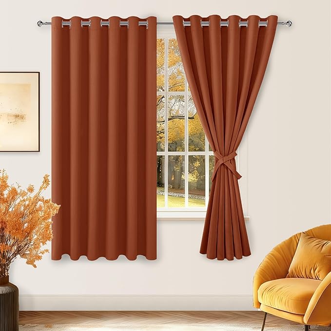 Hiasan Grommet Blackout Curtains for Bedroom, 70 x 63 Inches - Thermal Insulated & Light Blocking Window Drapes for Living Room/Dorm Room Fall Decor, Set of 2 Panels Sewn with Tiebacks, Burnt Ochre by Hiasan
