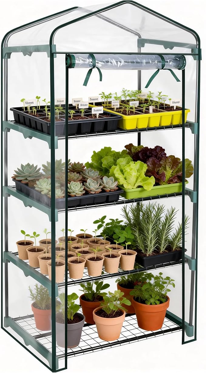 Worth Garden 4 Tier Mini Greenhouse - 63'' H x 27'' L x 19'' W - Sturdy Portable Gardening Shelves with PVC Cover - Small Green House Use in Indoor & Outdoor for Plants Flowers by WORTH