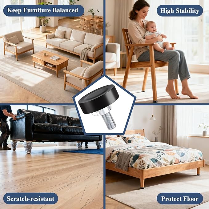 Adjustable Leveling Feet: T-Nuts & Floor Protectors, Heavy Duty Furniture Levelers for Cabinets,Sofa,Tables,Chairs on Hardwood/Tile/Carpet (24, with T-Nut, 1/4" Thread) - Image 6