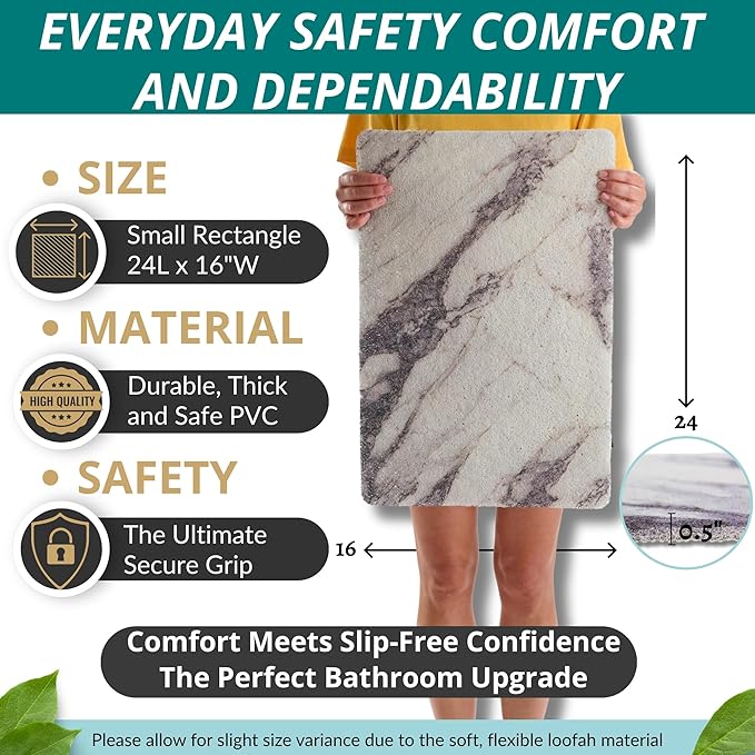 ENKOSI Loofah Non-Slip Shower and Bath Mat - Soft Cushioned Comfort - No Suction Cups for Smooth or Textured Tubs - Fast Draining - Safety for Bathroom, Family, and Elderly (24x16 Marble Grey) - Image 3