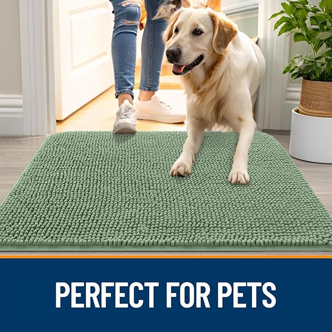 OLANLY Dog Door Mat for Muddy Paws 59x32, Absorbs Moisture and Dirt, Absorbent Non-Slip Washable Doormat, Quick Dry Chenille Mud Mat, Entry Indoor Entryway Carpet for Inside Floor, Olive Green - Image 6