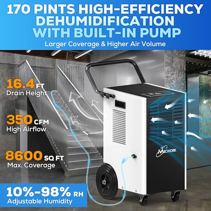 170 Pints Commercial Dehumidifier with Pump and Drain Hose, Quiet Dehumidifiers for Basement, Dehumidifier Water Damage Restoration up to 8,600 sq ft, Auto Defrost(1PCS) - Image 2