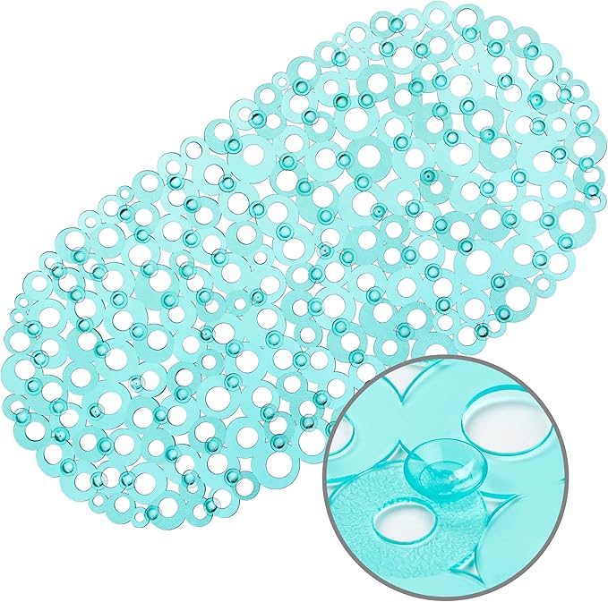 WELTRXE Oval Bathtub Mat Non Slip, Clear Teal Bubbles Bath Mats for Tub, Shower Mat with Drain Holes, Suction Cups, Machine Washable Bath Tub Mat, BPA, Latex, Phthalate Free for Bathroom, 27 x 14 Inch by WELTRXE