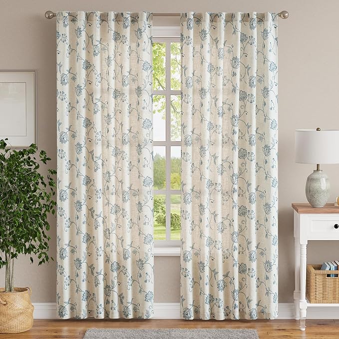 jinchan Linen Curtains Floral Curtain 84 Inch Length for Living Room Bedroom Light Filtering Rod Pocket Back Tab Jacobean Curtains Flax Linen Texture Window Drapes Set 2 Panels Blue on Linen - Image 2