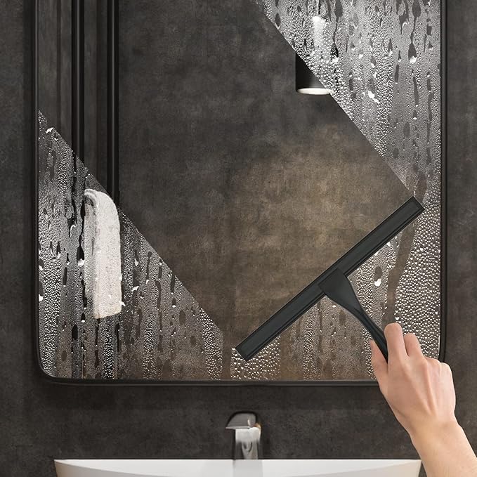 All-Purpose Stainless Steel Shower Squeegee for Shower Doors with 2 Adhesive Hooks, Bathroom Cleaner Tool Household Window Mirror Squeegee for Home Cleaning, Glass Door, Tile Wall, Car, 14 Inch Black - Image 4