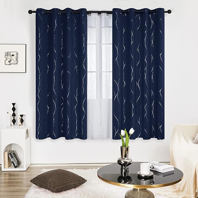 Deconovo Navy Blue Curtains, Blackout Curtain for Bedroom, 42 x 72 Inch, Thermal Insulated Soundproof Privacy Drapes with Silver Wave Dots Pattern, Grommet Top, Machine Washable Panel for Living Room - Image 2