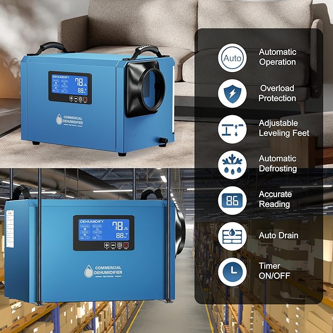 145 Pints Commercial Dehumidifier for Large Basements & Crawl Spaces up to 6500 Sq.Ft, Industrial Dehumidifiers for Water Damage Restoration, Auto Defrost, Continuous Drain Hose, Memory Function, Blue - Image 6