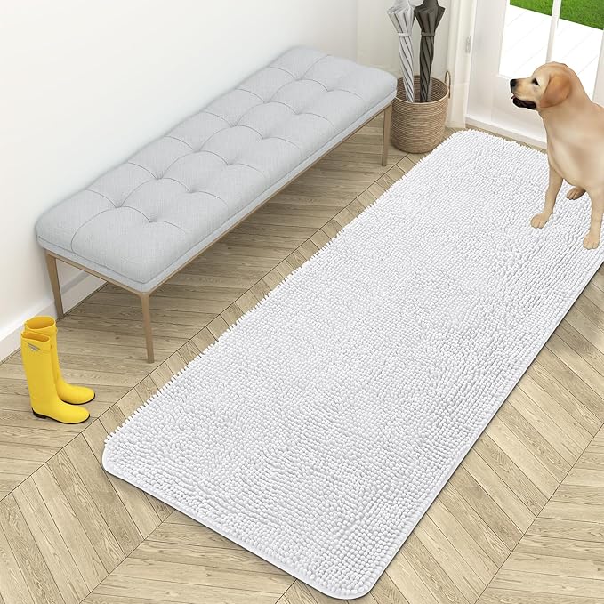OLANLY Dog Door Mat for Muddy Paws 59x24, Absorbs Moisture and Dirt, Absorbent Non-Slip Washable Doormat, Quick Dry Chenille Mud Mat for Dogs, Entry Indoor Entryway Carpet for Inside Floor, White by OLANLY
