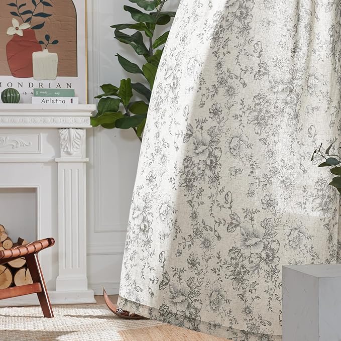 jinchan Linen Blend Curtain Floral Curtains for Living Room 90 Inch Length Grey Printed Curtain Rod Pocket Back Tab Farmhouse Peony Flower Patterned Drapes Bedroom Window Curtains Set 2 Panels - Image 6